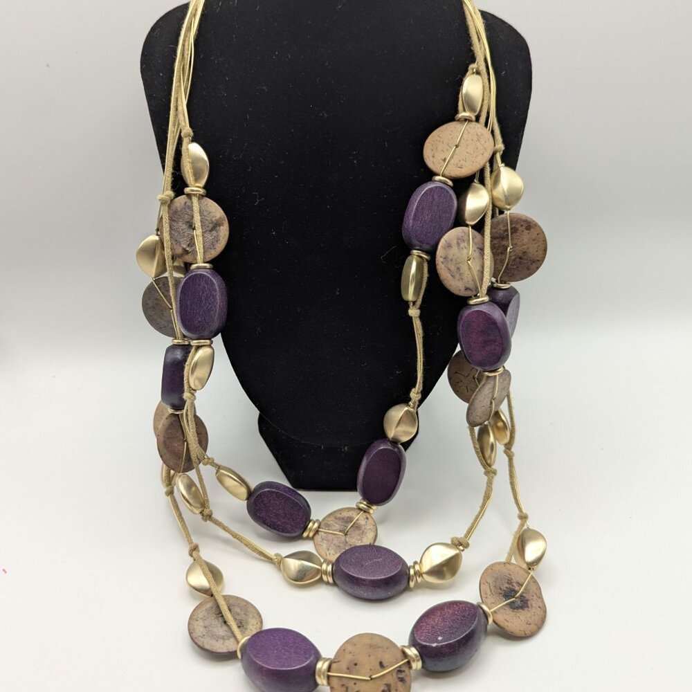 Chico's 28" Wooden Bead Necklace Purple and Gold